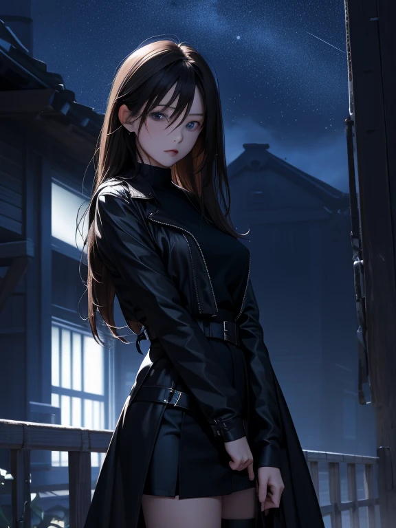 darkly， （tmasterpiece，best qualtiy：1.4）， Blue Themes， 城市， eventide， 1girll，Brown hair long，Blackn clothes， Sateen， cowboy lens，starrysky，nigh sky，Dark skies，