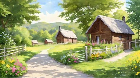 Beautifully drawn, High quality, Ultra-detailed CG illustration of a cottage with a serene expression. Roadside fences and flowe...