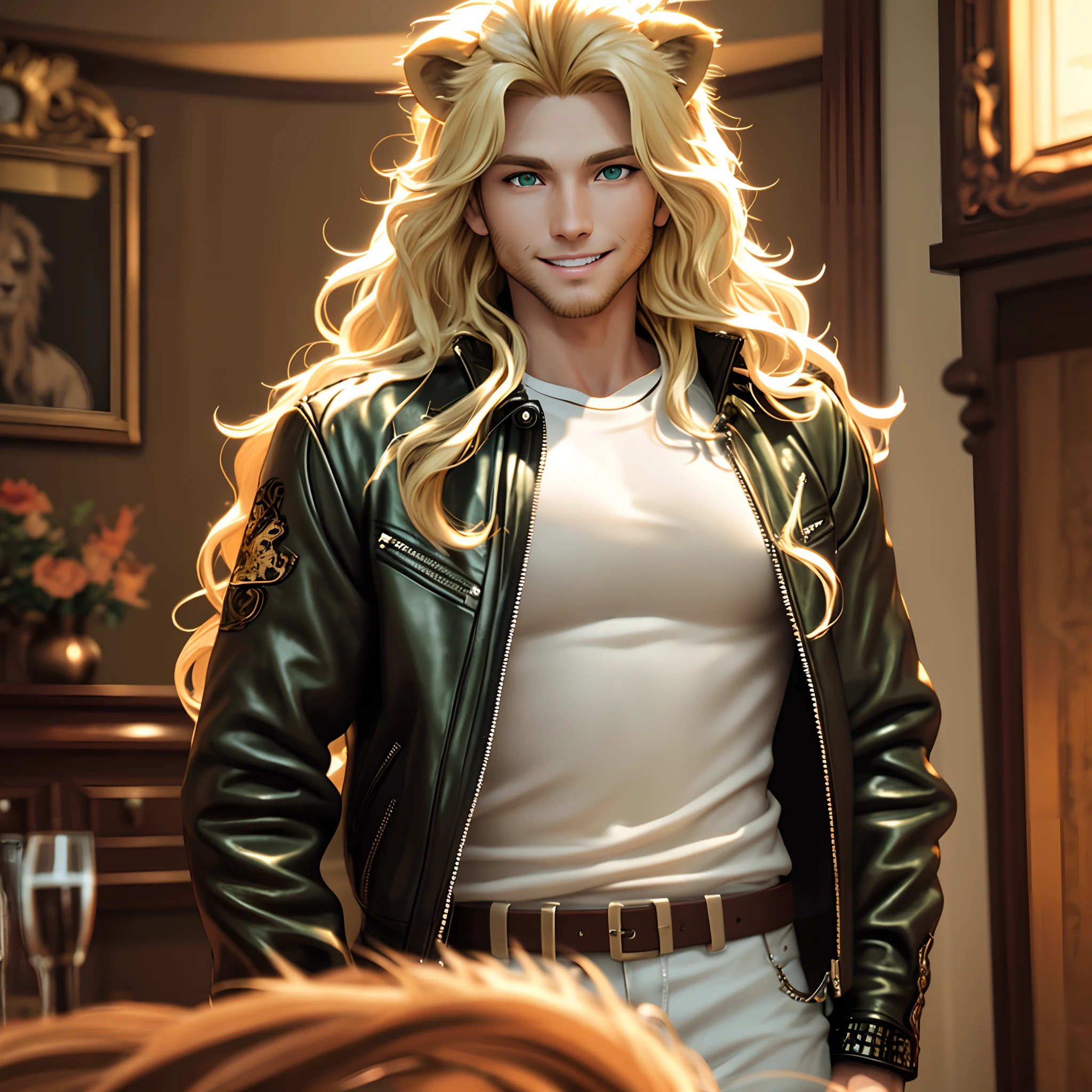 leather jacket, one male, lion ears, long hair, blond, blond hair, green eyes, tall, muscular, white shirt, beautiful face, highest quality, masterpiece, 3d, anime, perfect face, highest detail, feline eyes, stubble, lion tail, wavy hair, low shot, detailed face, intricate details, looking down, living room background, smile