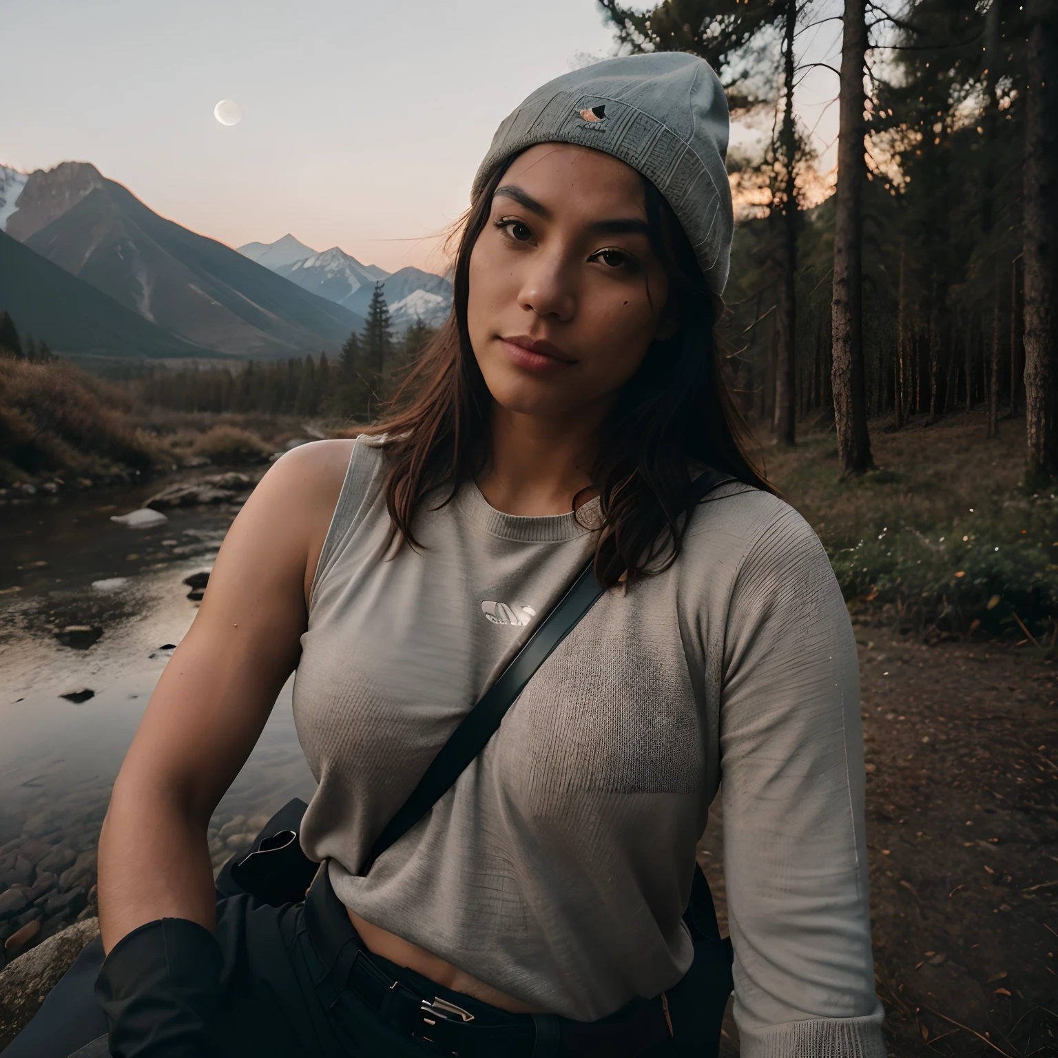 1 woman, Asian, amazonian build, sultry look, sweaty ((upper body selfie, happy)), windy, foggy, exposed biceps,masterpiece, best quality, ultra-detailed, solo, outdoors, (night), mountains, nature, (stars, moon) cheerful, happy, backpack, sleeping bag, camping stove, water bottle, mountain boots, gloves, sweater, hat, flashlight, forest, rocks, river, wood, smoke, shadows, contrast, clear morning sky, analog style (look at viewer:1.2) (skin texture) (film grain:1.3), (warm hue, warm tone:1.2), medium shot,cinematic light, sidelighting, ultra high res, best shadow, RAW, upper body, wearing pullover, liquid oozing from genitals