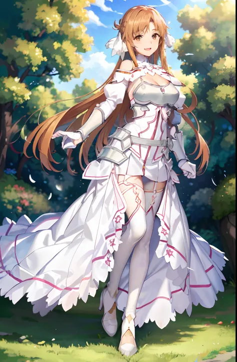 stacia, asuna, asuna_\(sao\), 1girl, (sexy pose:1.2), fantasy, highres,  original, realistic, (excite), scenery,  close_up, upper_body, (standing on a grass), smiling, solo, (potruding nipple:1.2), long hair, (huge breasts:1.0), looking at viewer, smile, o...