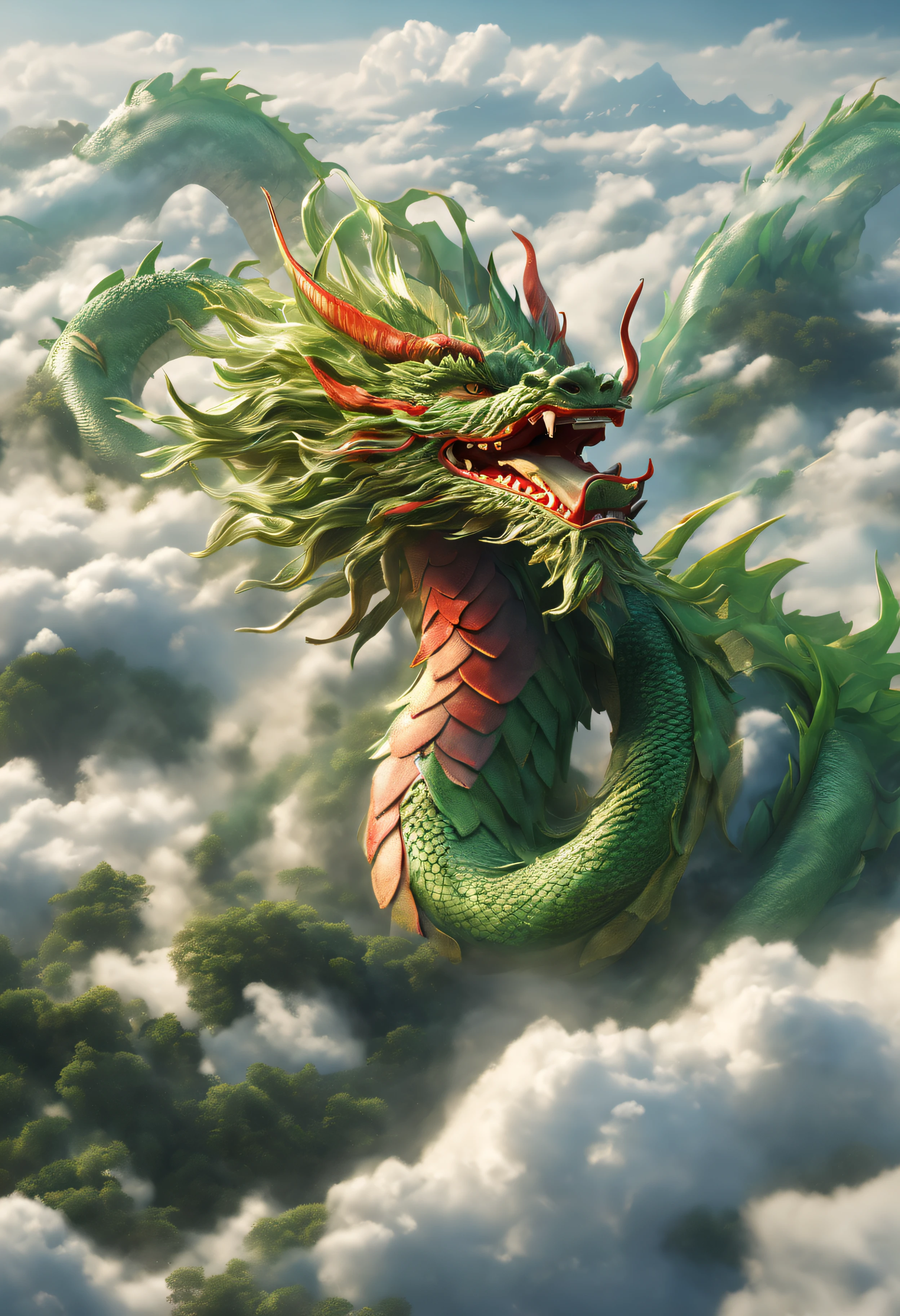 Un dragón surgiendo de un mar de nubes.、Llevando una gran felicidad、Enorme cuerpo de verde y rojo sobre oro.、Ver aquí、Iluminación perfecta、alto detalle、calidad de imagen de alto nivel、Alta reproducción cromática、alta resolución、Un hiperrealista、foto realista