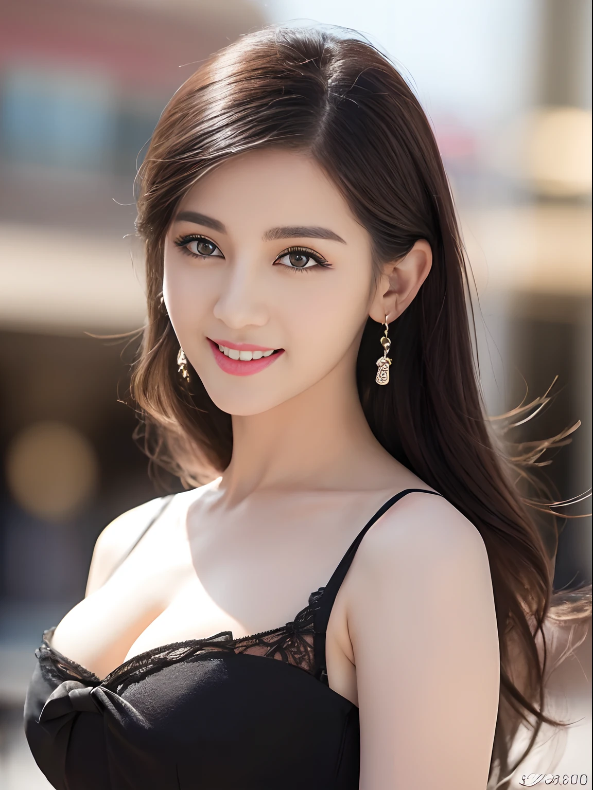 ((top-quality、8K、​masterpiece:1.3))、extremely delicate and beautiful girl，realisticlying，Incredibly absurd，abstract  art，From waist to shoulders，catch，extra detailed body，Short Black Hong Kong Style Hair，，Floating hair，light brown hair，Vitone Hair，beautiful fine hair，Exquisite and beautiful face，浅笑，Clear eyes， Black colored eyes，Neck_bow ribbon，frilld_Dress，beautiful and clear background，Beautiful sky，full bloom，very precise details，absurderes，extremely CG，((A sexy mature girl:1.5))、Thick lip、Crimson Lip Gloss、eye make up、((40 years:1.5))、Sweaters、Parisian café scene、Sunset sky、a smile