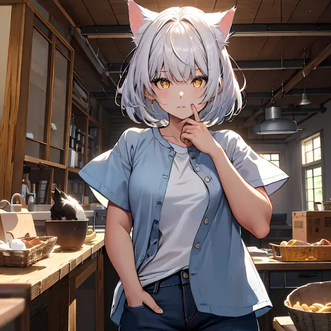 ​masterpiece, top-quality, hi-res, sh1, black hakawa, white  hair, bob cuts, cat's ears, yellow eyes, cat eyes eyes, blue shirt,...