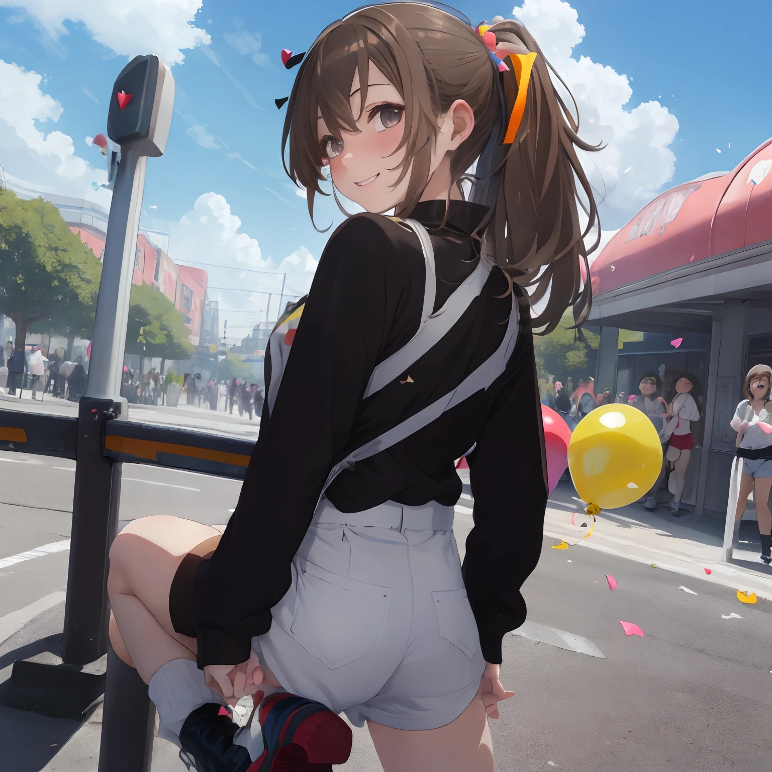 Multicolored balloons and confetti,Amusement Park Entrance Gate,Sunny sky with white clouds floating in the blue sky,fluffy hair,Green and brown hair,the eyes are orange,Black shorts and black striped shirt coordinated with monotone black and white color coordination,Loose socks and short white boots,Long sleeves with a sense of transparency,Hair Band,While turning around, Put your hands on your hips and make a peace sign.、Pose as much as possible,Excited face,Laugh a little embarrassedly and shyly,SEX,AHE Face,The back is visible,posterior view,squinted、Give them a happy face,Smile on his face,Protruding buttocks,Sexy lips,It has a lustful look,Sleepy face,heart mark,red tide,