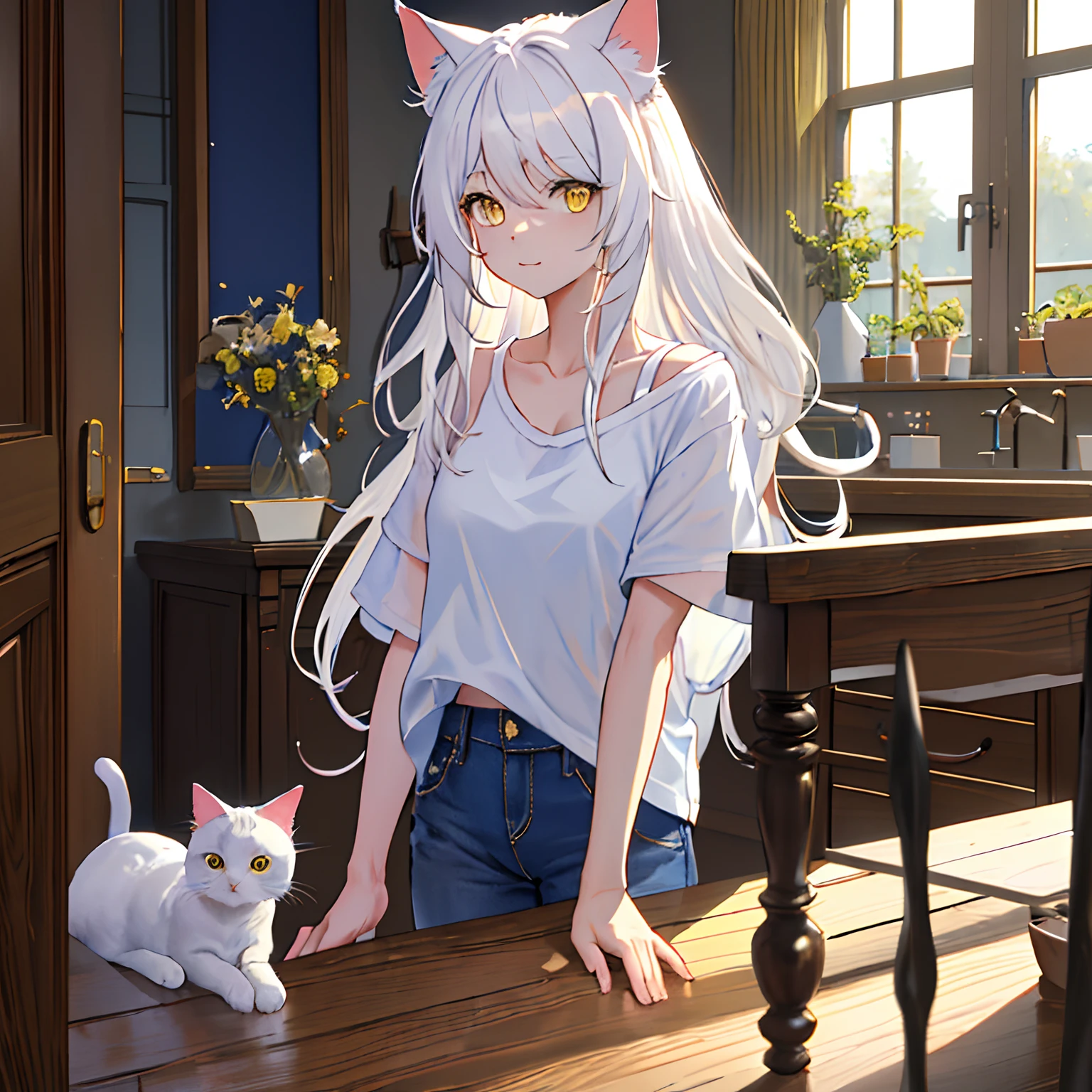 ​masterpiece, top-quality, Hi-Res, SH1, Black Hakawa, white  hair, The long-haired, Cat's ears, Yellow eyes, cat eyes eyes, Blue shirt, white t-shirts, Blue jeans, cowboy  shot, in a house, looking at the viewers, Bewitching look, (1girll:1.3)