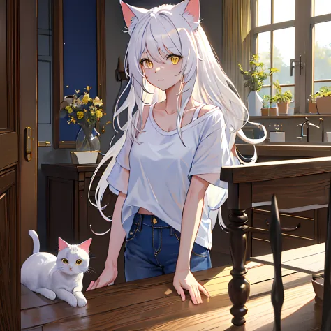 ​masterpiece, top-quality, hi-res, sh1, black hakawa, white  hair, the long-haired, cat's ears, yellow eyes, cat eyes eyes, blue...