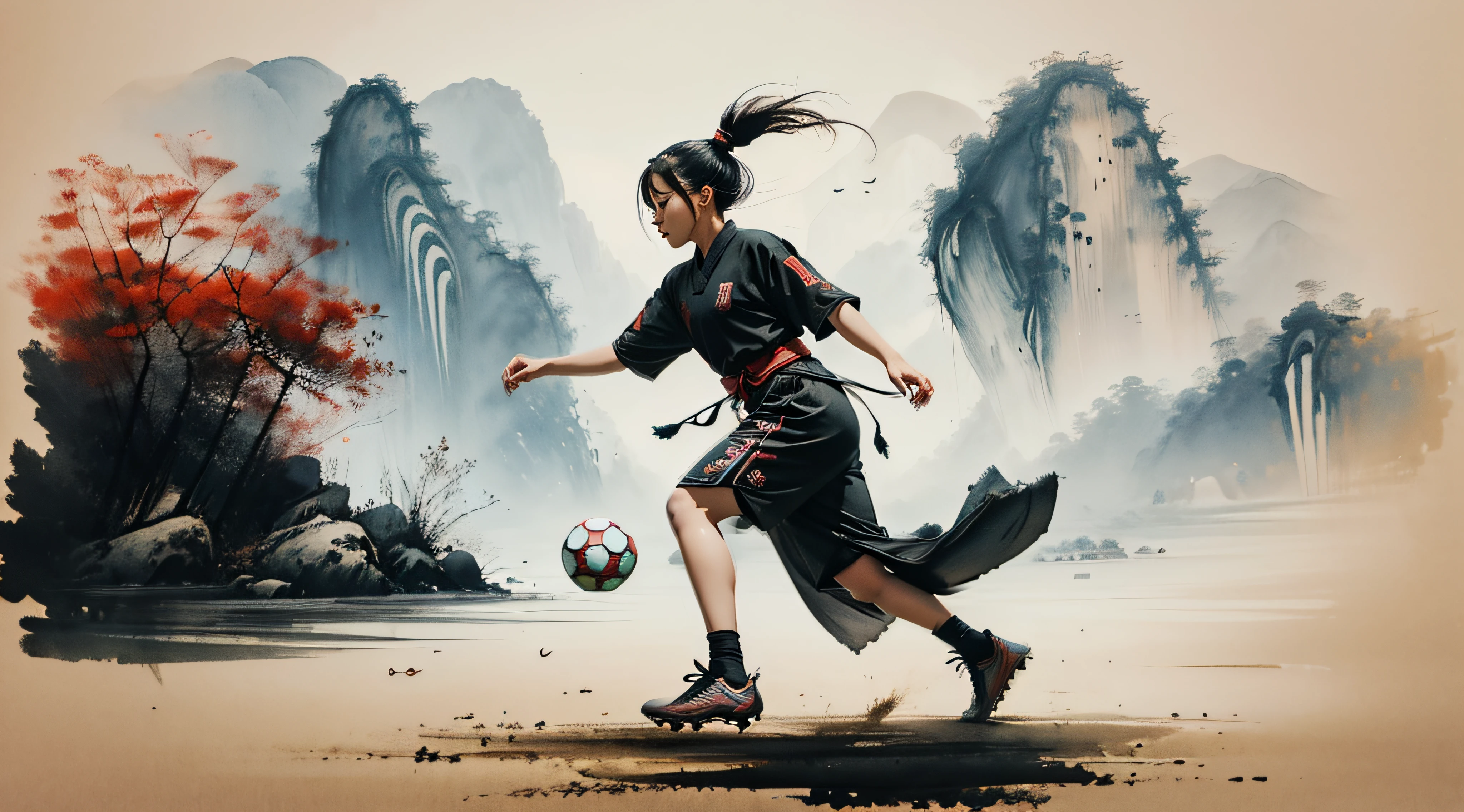 A girl plays football with a round ball. Best quality, Super detail. Traditional Chinese Painting, Blotter Ink Painting, Blotter Ink Painting, Chinese Painting Style.