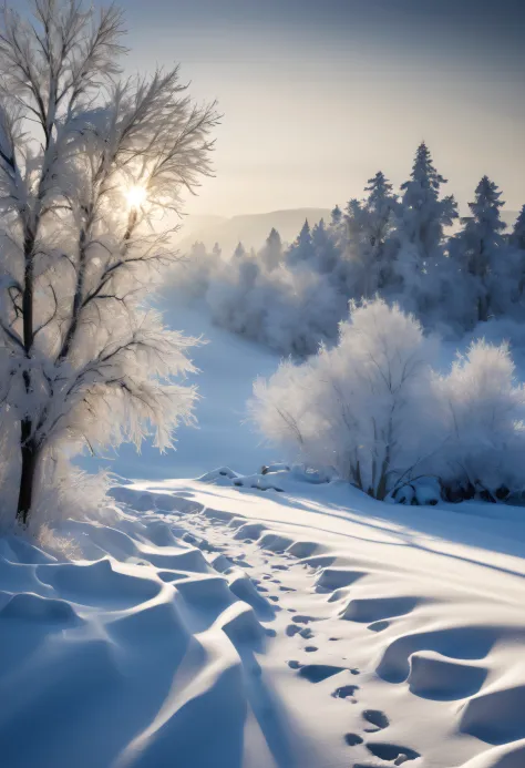 Visually stunning images showcasing the crystal beauty of winter, Artful images highlighting the interplay of light and shadows in winter, High-Definition Details, Exquisite Lighting and Shadows, Sharp Contrast, Fine Textures, Depth of Field, Balanced Colo...