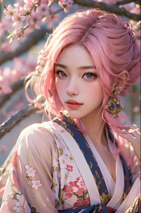 (best quality,4k,8k,highres,masterpiece:1.2),ultra-detailed,(realistic,photorealistic,photo-realistic:1.37), a beautiful young woman dressed as Yae Miko, pink hair, genshin impact, vibrant and flowing kimono, elegant and intricate patterns, cherry blossoms...