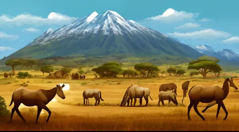 There are many animals in the fields，The background is a mountain, safari background, savana background, africa grassland, lands...