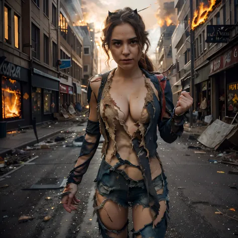 Hyper realistic, 1woman, Beautiful 30 year old woman wearing a skimpy scandalous spider-girl costume, full-body portrait, spider-girl, heroic expression, sexy, brown hair, light hazel eyes, spider-girl boots, costume looks like its been destroyed as if in ...