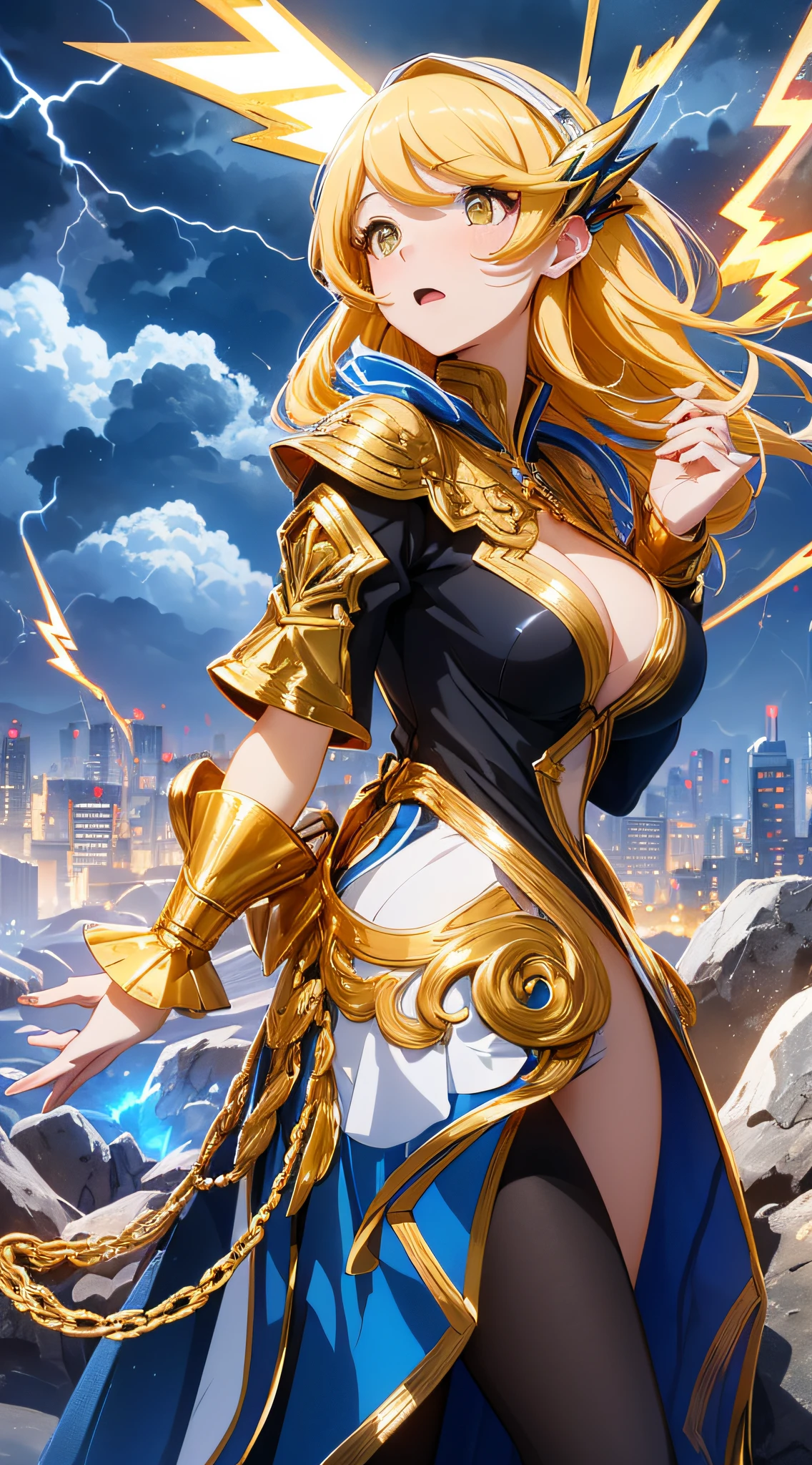 top-quality、Top image quality、​masterpiece、girl with((18year old、Best Bust、big bast、Bust 85,beautiful golden eyes、Breasts wide open,Blonde long hair、A slender、Large valleys、Black and gold dress、Goldcloak,Reflecting the whole body、Open your arms、Gold ring on wrist、Shoot lightning from your hands、posterior view、Turn around、emphasis on the buttocks)）hiquality、Beautiful Art、Background with((nigh sky、black clouds、lightning bolt、Intense thunder、Thunderbolt、Red thunder、Blue lightning strike、Gold Thunder)))masutepiece、visualart、depth of fields、sky at night