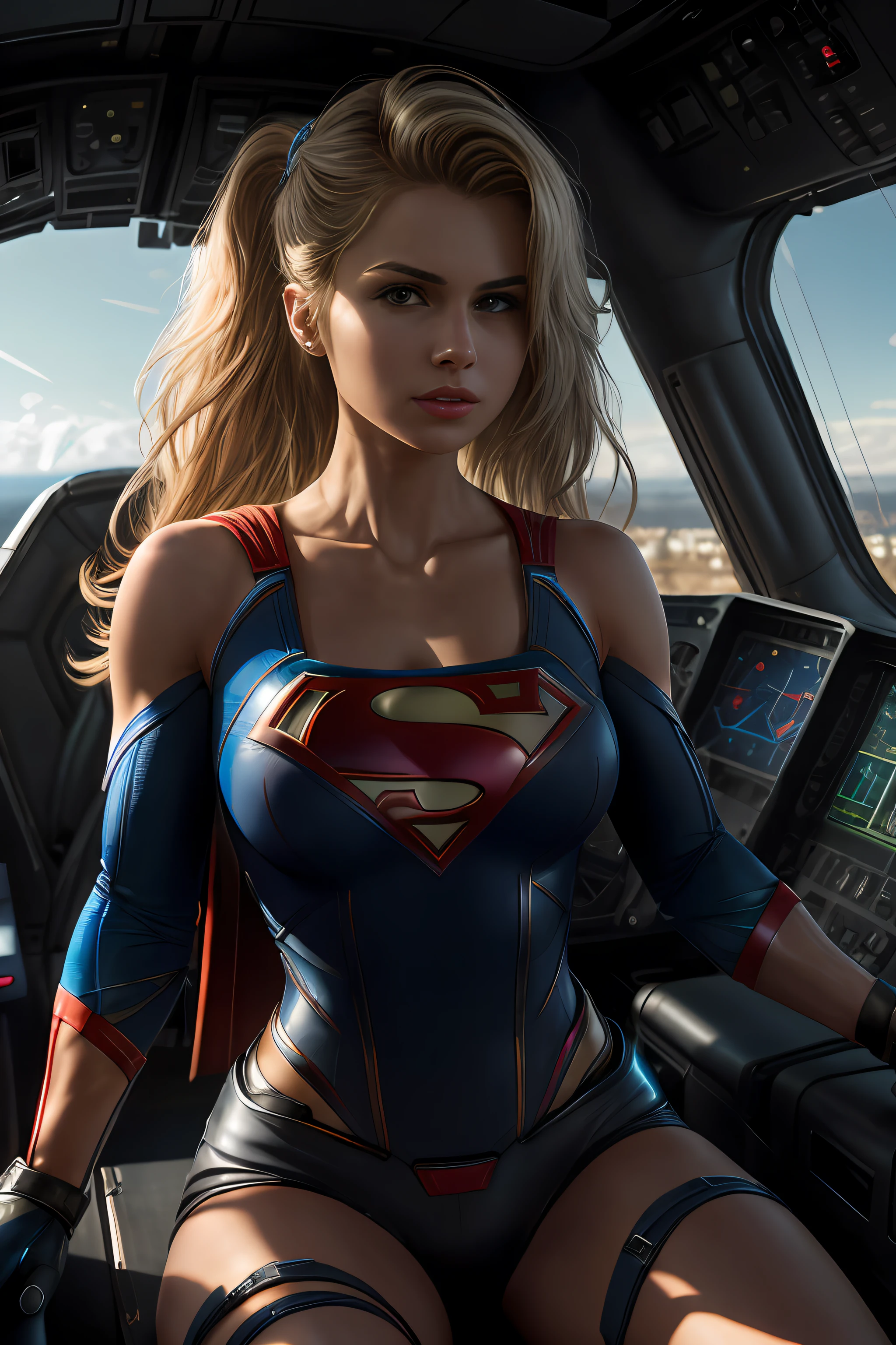 (Extremely detailed 8k wallpaper), supergirl sitting tied in a futuristic fighter jet cockpit, red and blue futuristic fighter jet cockpit, sitting in black leather pilot seat, sitting in leather seat in cockpit, futuristic fighter jet cockpit:1.3, supergirl:1.2, tied with a carbonfiber rope:1.2, confident, many switches and lights, long hair, bra, sexy top, short top:1.2, calm, modern futuristic clothing, complex, highly detailed, and dramatic, cinematic lighting, bright scene, soft lights, large breasts:1.4, nsfw:1.4, fit girl, lean girl, tight leather supergirl clothes, cleavage, spiderman logo:1.4