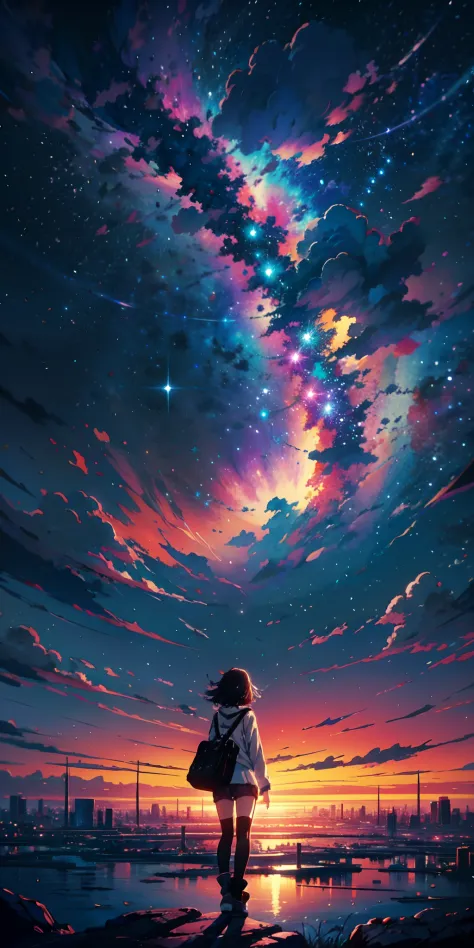 anime wallpapers of a girl looking at a view of the sky and stars, cosmic skies. by makoto shinkai, anime art wallpaper 4 k, anime art wallpaper 4k, anime art wallpaper 8 k, anime sky, amazing wallpaper, anime wallpaper 4 k, anime wallpaper 4k, 4k anime wa...