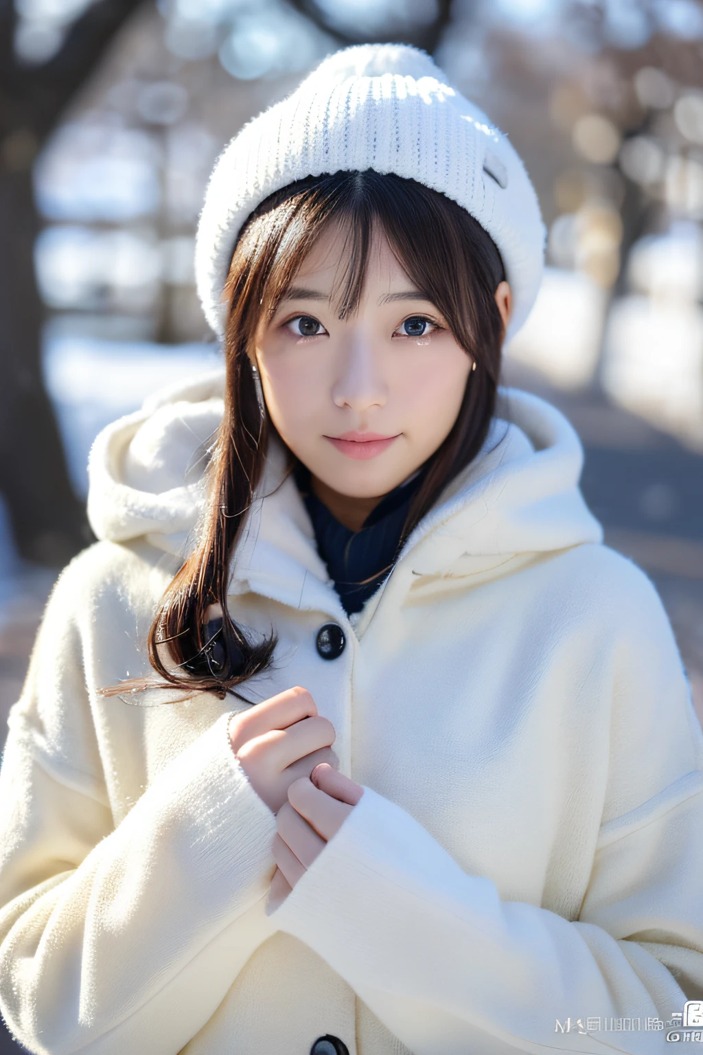 ((top-quality、8k、masuter piece:1.3))、(Beautiful, realistic Japan people),1 female、Winter coat、(爆乳:1.2)、muffler、Yarn hat、gloves、hyperdetailed face、High detailed lips、A detailed eye、二重まぶた 、snowflakes falling、White breath、large tree、naturey、kou、a white world、