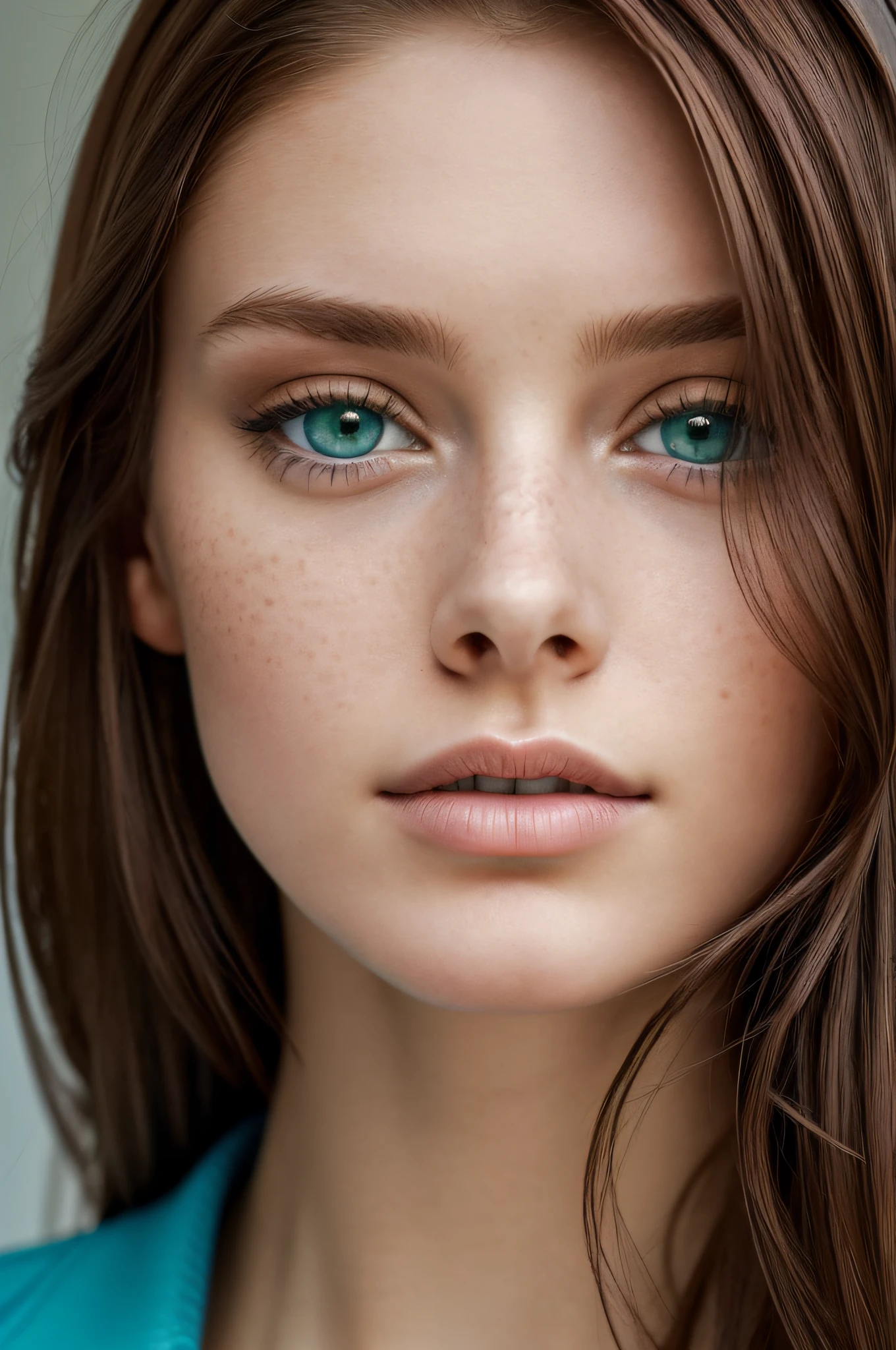 (close-up editorial photo of 20 yo woman, brown hair, slim russian sweetheart), (freckles:0.8), lips close, blue green eyes, POV, realistic[:, (film grain, 25mm, f/1.2, dof, bokeh, beautiful symmetrical face, perfect sparkling eyes, well defined pupils, high contrast eyes, ultra detailed skin, skin pores, vellus hair, fabric stitching, fabric texture, wood grain, stone texture, finely detailed features:1):0.9]