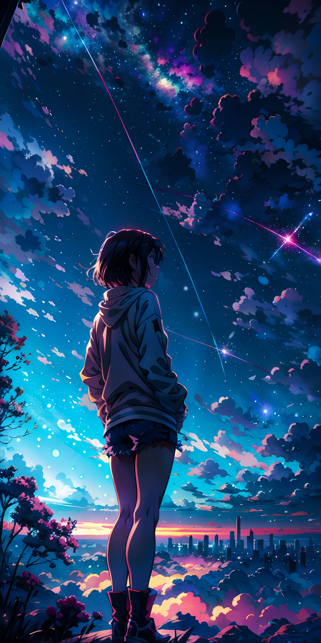 Anime-Hintergrundbilder eines Mädchens, das den Blick auf den Himmel und die Sterne genießt, kosmischer Himmel. von Makoto Shinkai, Anime-Kunst-Tapete 4k, Anime-Kunst-Hintergrundbild 4K, Anime-Kunst-Tapete 8 k, Anime Himmel, tolle Tapete, Anime-Tapete 4k, Anime-Hintergrundbild 4k, 4K-Anime-Hintergrundbild, Makoto Shinkai Cyril Rolando, Anime-Hintergrundkunst