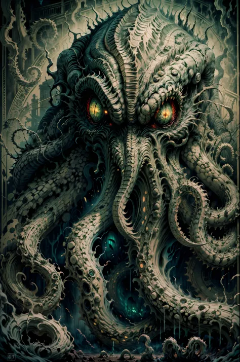 standing in front of the monster, looking terrified. The poster is made of high-quality materials and has an ultra-detailed illustration. The colors are dark and ominous, with a dominant green hue. The lighting is dramatic, with a spotlight illuminating th...