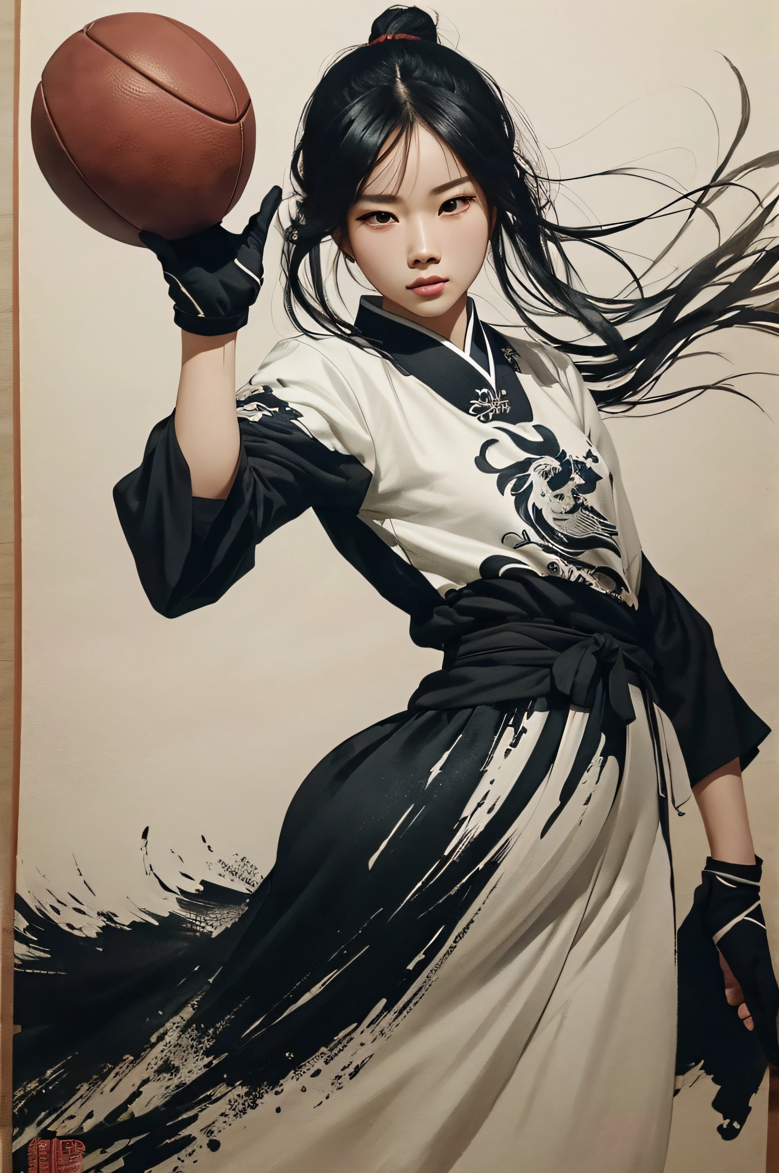 La mort joue au football avec un ballon de football. Meilleure qualité, Super détail. peinture traditionnelle chinoise, peinture à l’encre buvard, peinture à l’encre buvard, Style de peinture chinoise.