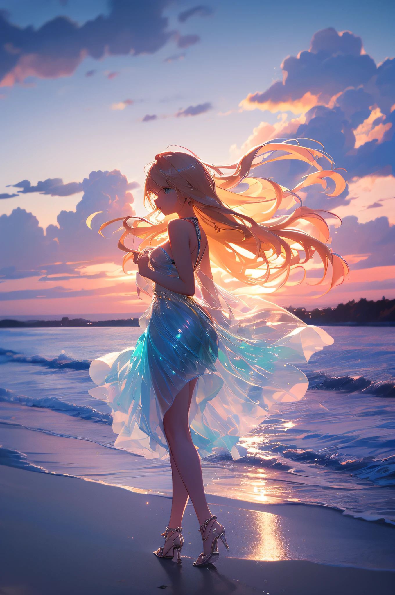 tmasterpiece， high high quality， cinematic Film still from， one-girl，Golden hair，nigth，Night sky， floating in sky， Cloud Girl， Clouds， （closeup cleavage： 1.1），  Colorful， Transparent body，Sparkling，full bodyesbian，Green skirt，Blue skirt，Transparent clothes