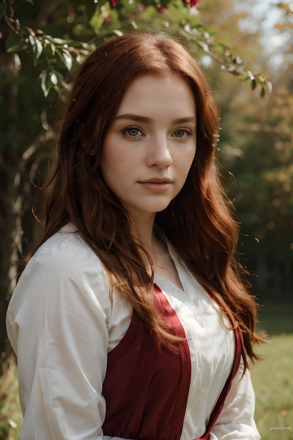 (high quality,realistic:1.2),beautiful Irish woman,portrait,photorealistic,expressive eyes,rosy cheeks,flowing red hair,traditional Irish clothing,vibrant colors,sunlit background