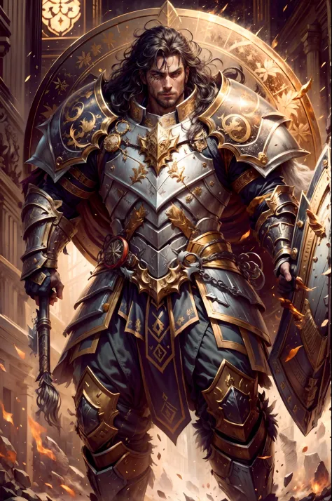 highres,best quality,portrait,handsome man holding a white and gold shield,armor,hero theme,golden accents,shine and reflections...