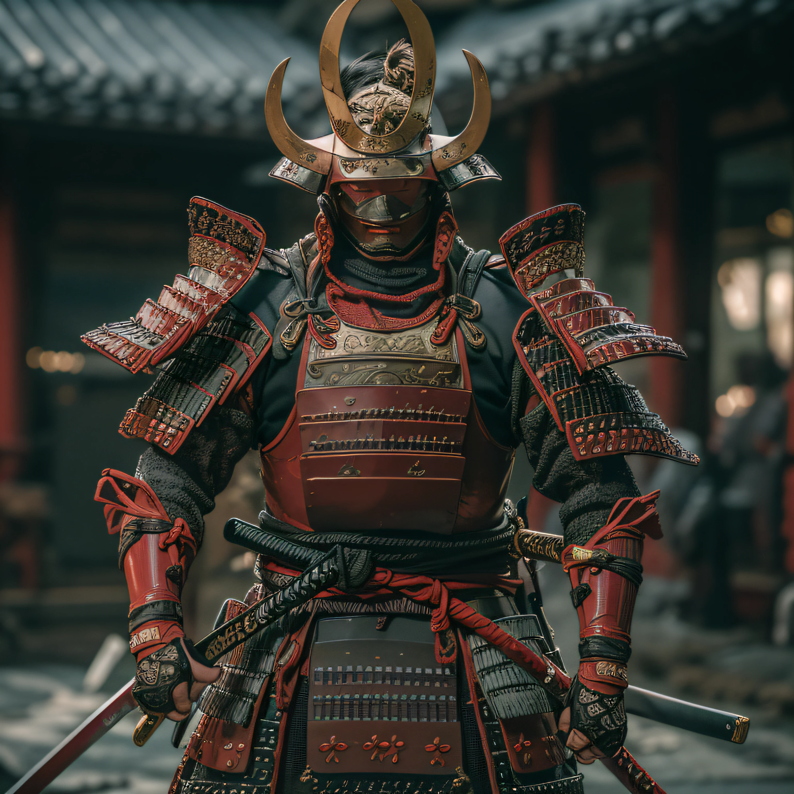 (masterpiece, ultra-high resolution:1.4), (photo of a sengoku daimyo samurai branding a katana with cuirass and helmet:1.3), katana on both hands, face highly detailed, (japanese heritage samurai armor and helm), (tall stature and muscular body:1.4), (Sony Alpha 1 camera, renowned for capturing the highest level of detail in a photo:1.3), (the samurai's face with perfect symmetry and flawless features:1.2), (black and red armor and helmet:1.3), (standing with a commanding presence amidst the battlefield:1.1), emphasize of the daimyo armor, Cinematic, Hyper-detailed, insane details, Beautifully color graded, Unreal Engine, DOF, Super-Resolution, Megapixel, Cinematic Lightning, Anti-Aliasing, FKAA, TXAA, RTX, SSAO, Post Processing, Post Production, Tone Mapping, CGI, VFX, SFX, Insanely detailed and intricate, Hyper maximalist, Hyper realistic, Volumetric, Photorealistic, ultra photoreal, ultra-detailed, intricate details, 8K, Super detailed, Full color, Volumetric lightning, HDR, Realistic, Unreal Engine, 16K, Sharp focus, Octane render