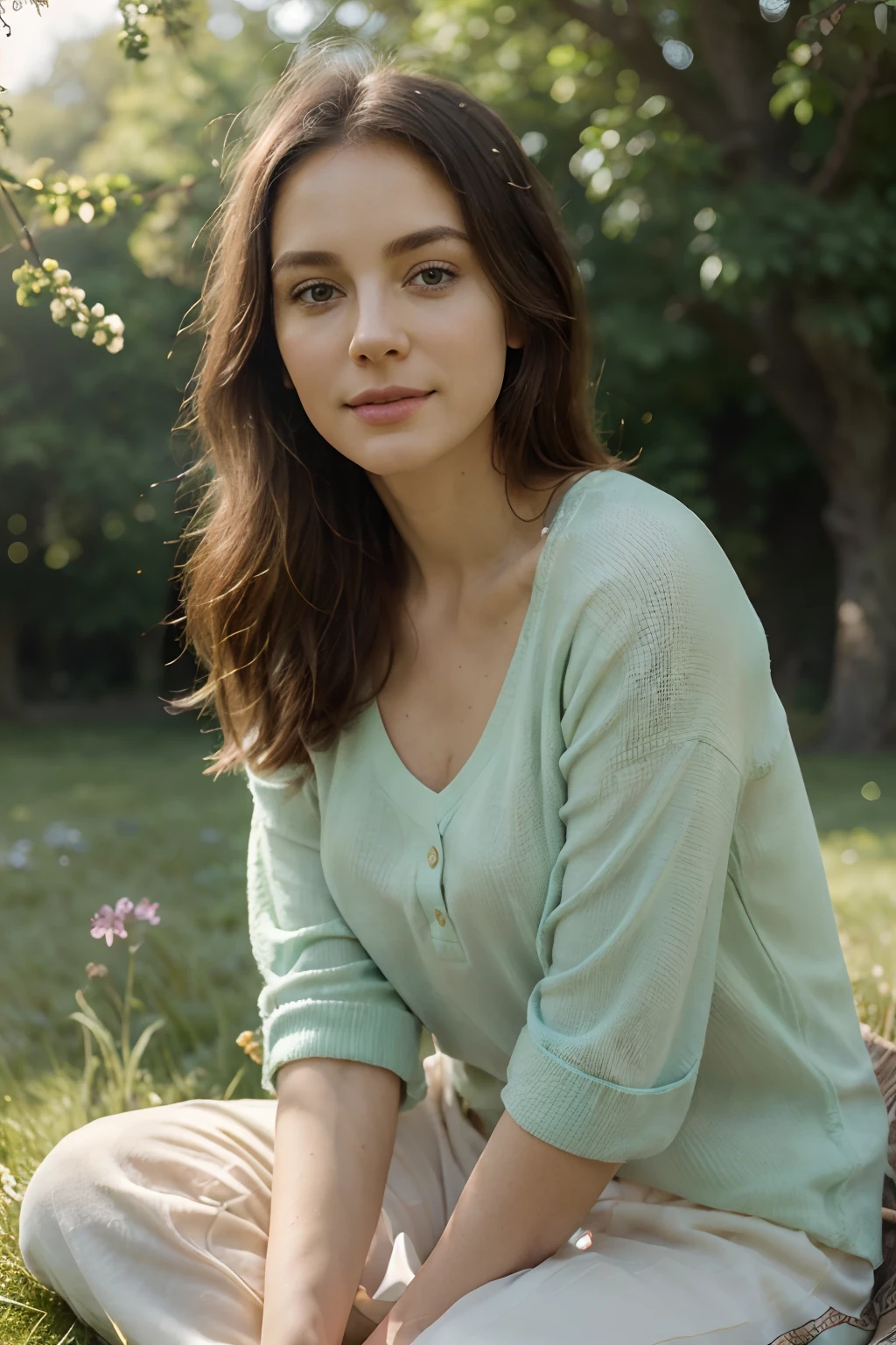 "(mejor calidad, Realista), hermosas mujeres irlandesas, Sentado en un parque verde, (Colores vibrantes, paisaje pintoresco), (Luz solar suave, cálido resplandor), (hierba exuberante, Flores floreciendo), (Atmósfera pacífica, suave brisa), (Retrato auténtico, características detalladas), (expresión serena, tranquil mood), (vestimenta cómoda, Estilo casual), (entorno natural, entorno armonioso), (momento feliz, Vibra alegre)"