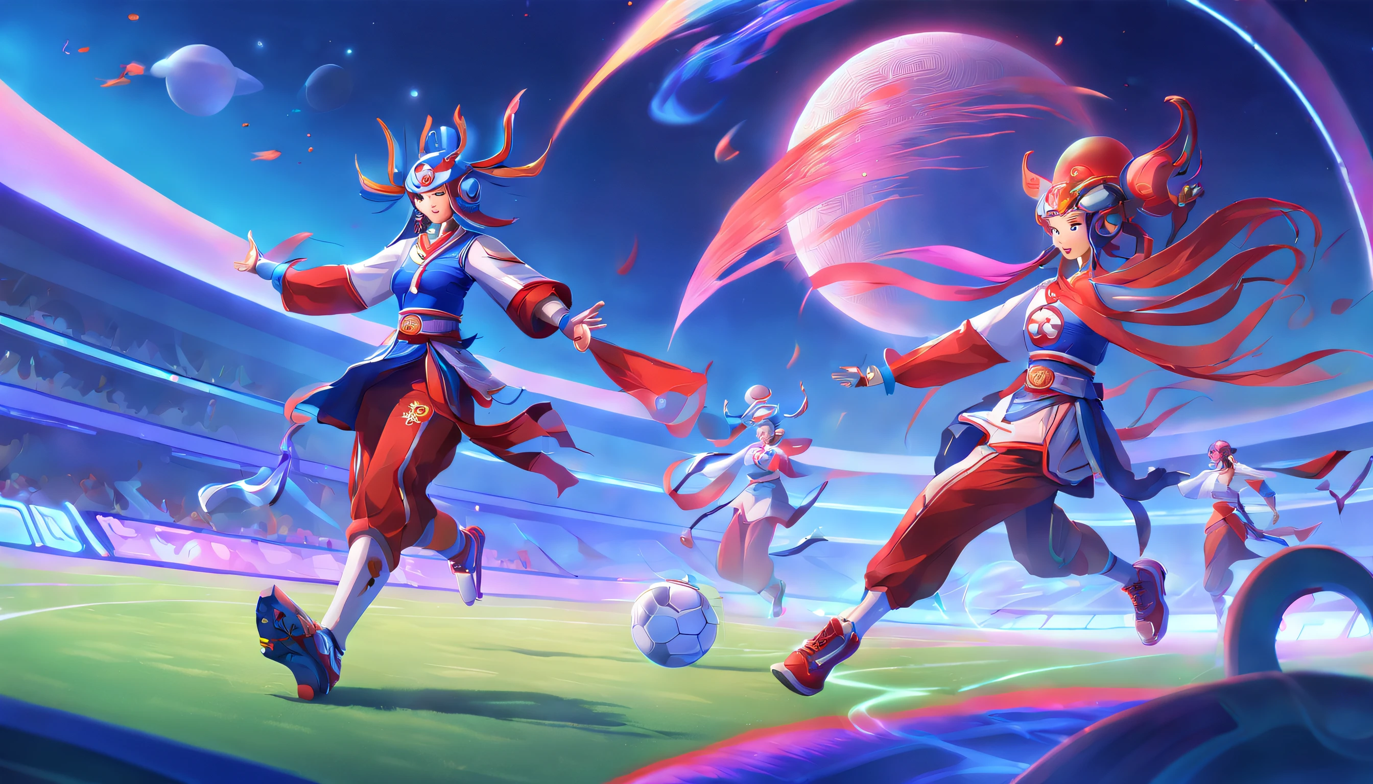 The scene takes place in a lush, vibrant landscape, where the combination of ancient and futuristic elements creates a unique, harmonious atmosphere. The colors used are rich and vivid, allowing the viewer to fully immerse themselves in this fascinating world. In the foreground, a group of skilled, diverse athletes from various time periods come together to engage in a thrilling game of cuju, an ancient Chinese soccer-like sport. They're dressed in a combination of traditional ancient Chinese clothing and futuristic sports gear, showcasing the best of both worlds. The game takes place on a high-tech, green, sustainable field with floating energy recharge platforms, interactive scoreboards, and advanced training equipment providing players with real-time feedback. The spectators are a blend of ancient and futuristic individuals, cheering the players on and celebrating the fusion of different eras. The final touch is a sky filled with celestial bodies, both familiar and fantastical, embodying the dreamlike quality of this ancient-future realm.