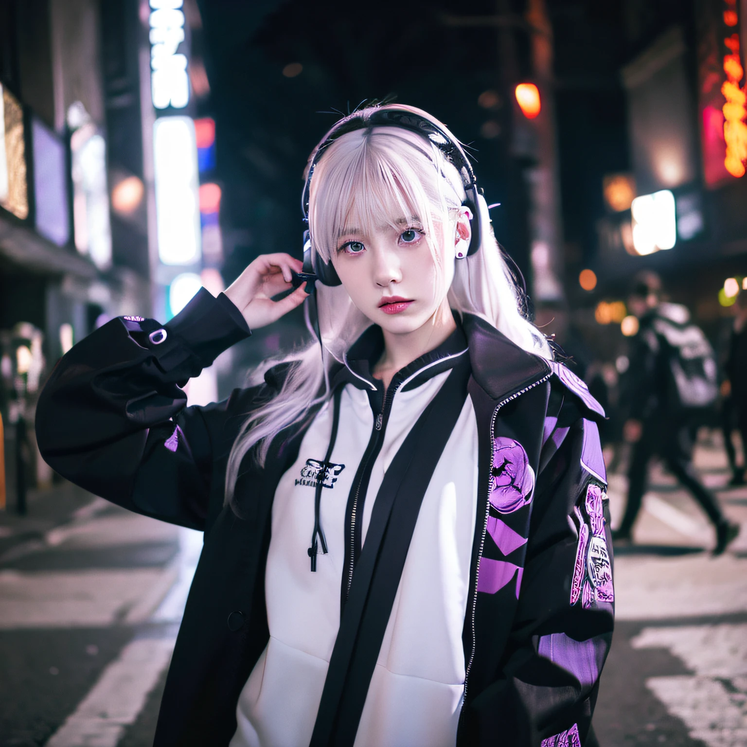 1girl, white hair, long hair, techwear  masterpiece, bestquality, realistic, realism, dark purple jacket, portrait, detailed eyes, wearing headset, platinum hair, 21 year old girl, fashion pose, half body, wide shoot, on the street, cyberpunk