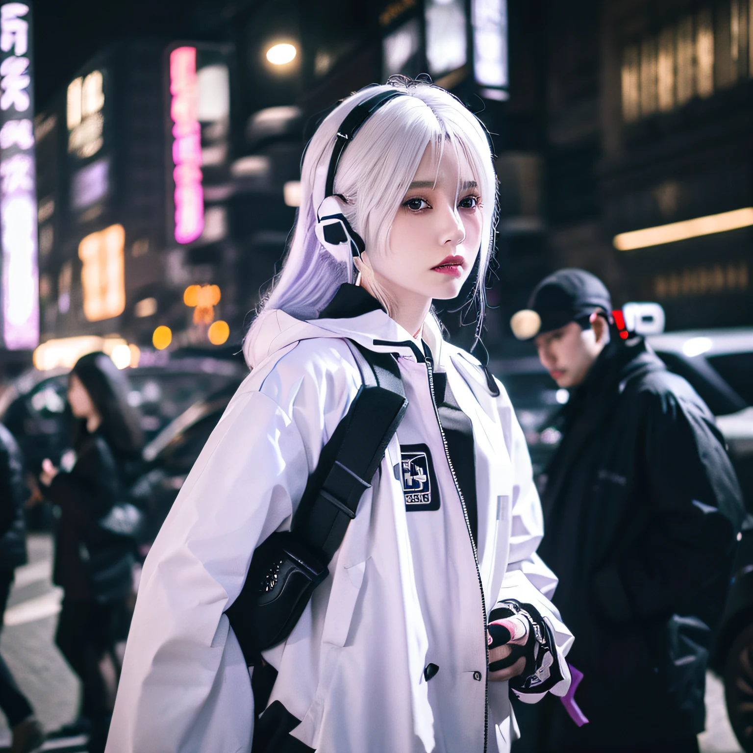 1girl, white hair, long hair, techwear  masterpiece, bestquality, realistic, realism, dark purple jacket, portrait, detailed eyes, wearing headset, platinum hair, 21 year old girl, fashion pose, half body, wide shoot, on the street, cyberpunk