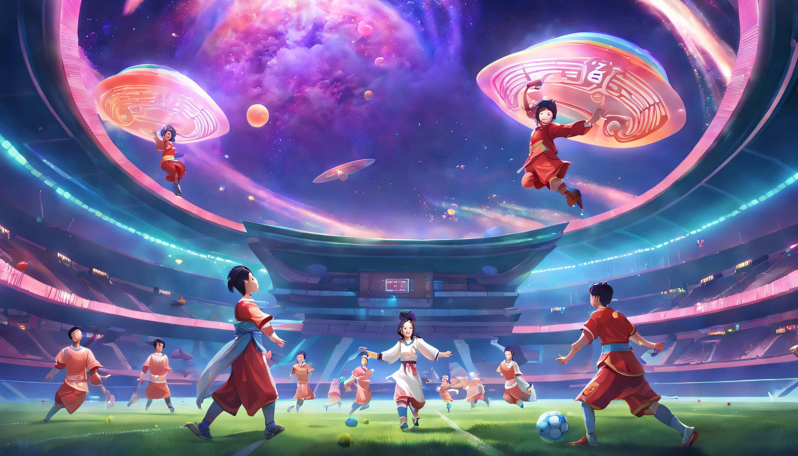 The scene takes place in a lush, vibrant landscape, where the combination of ancient and futuristic elements creates a unique, harmonious atmosphere. The colors used are rich and vivid, allowing the viewer to fully immerse themselves in this fascinating world. In the foreground, a group of skilled, diverse athletes from various time periods come together to engage in a thrilling game of cuju, an ancient Chinese soccer-like sport. They're dressed in a combination of traditional ancient Chinese clothing and futuristic sports gear, showcasing the best of both worlds. The game takes place on a high-tech, green, sustainable field with floating energy recharge platforms, interactive scoreboards, and advanced training equipment providing players with real-time feedback. The spectators are a blend of ancient and futuristic individuals, cheering the players on and celebrating the fusion of different eras. The final touch is a sky filled with celestial bodies, both familiar and fantastical, embodying the dreamlike quality of this ancient-future realm.