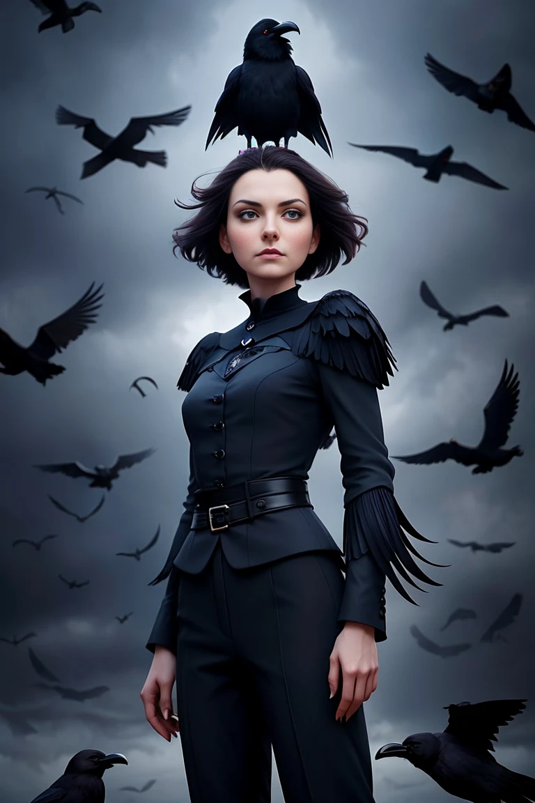 arafed woman in black top and pants standing in front of birds, flora borsi, among ravens, by Galen Dara, ravens stormy sky of foreboding, with a crow on her shoulder, photography alexey gurylev, swarms of ravens, crows, photography alexey kurylev, inspired by Richard Avedon, promo shot