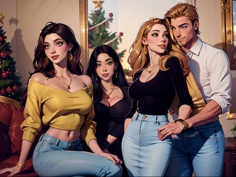 One Handsome Chad hugging three beautiful bitches tackling him and touching him,  dressed in sweaters and buttoned-shirts and sk...
