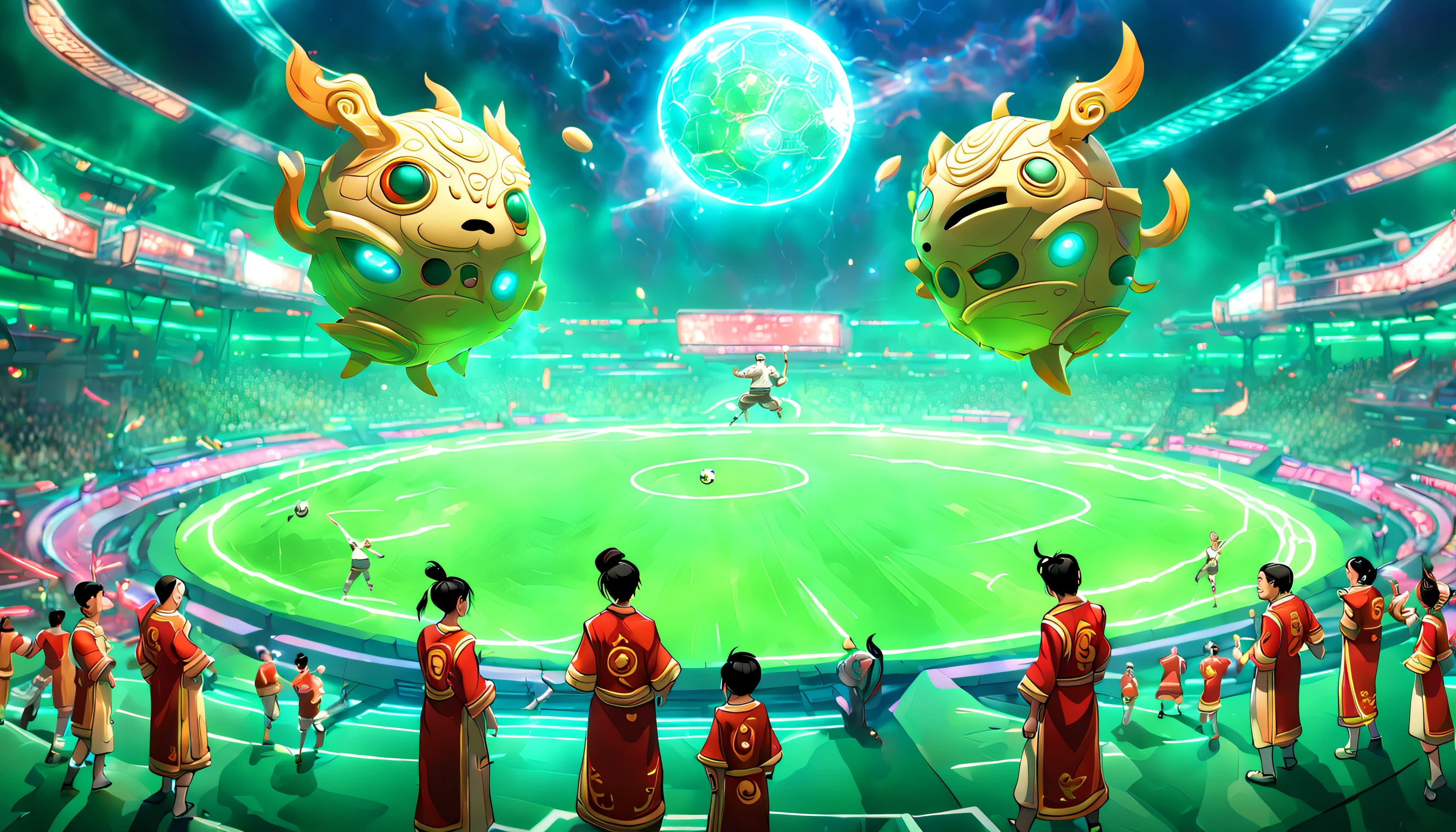 The scene takes place in a lush, vibrant landscape, where the combination of ancient and futuristic elements creates a unique, harmonious atmosphere. The colors used are rich and vivid, allowing the viewer to fully immerse themselves in this fascinating world. In the foreground, a group of skilled, diverse athletes from various time periods come together to engage in a thrilling game of cuju, an ancient Chinese soccer-like sport. They're dressed in a combination of traditional ancient Chinese clothing and futuristic sports gear, showcasing the best of both worlds. The game takes place on a high-tech, green, sustainable field with floating energy recharge platforms, interactive scoreboards, and advanced training equipment providing players with real-time feedback. The spectators are a blend of ancient and futuristic individuals, cheering the players on and celebrating the fusion of different eras. The final touch is a sky filled with celestial bodies, both familiar and fantastical, embodying the dreamlike quality of this ancient-future realm.