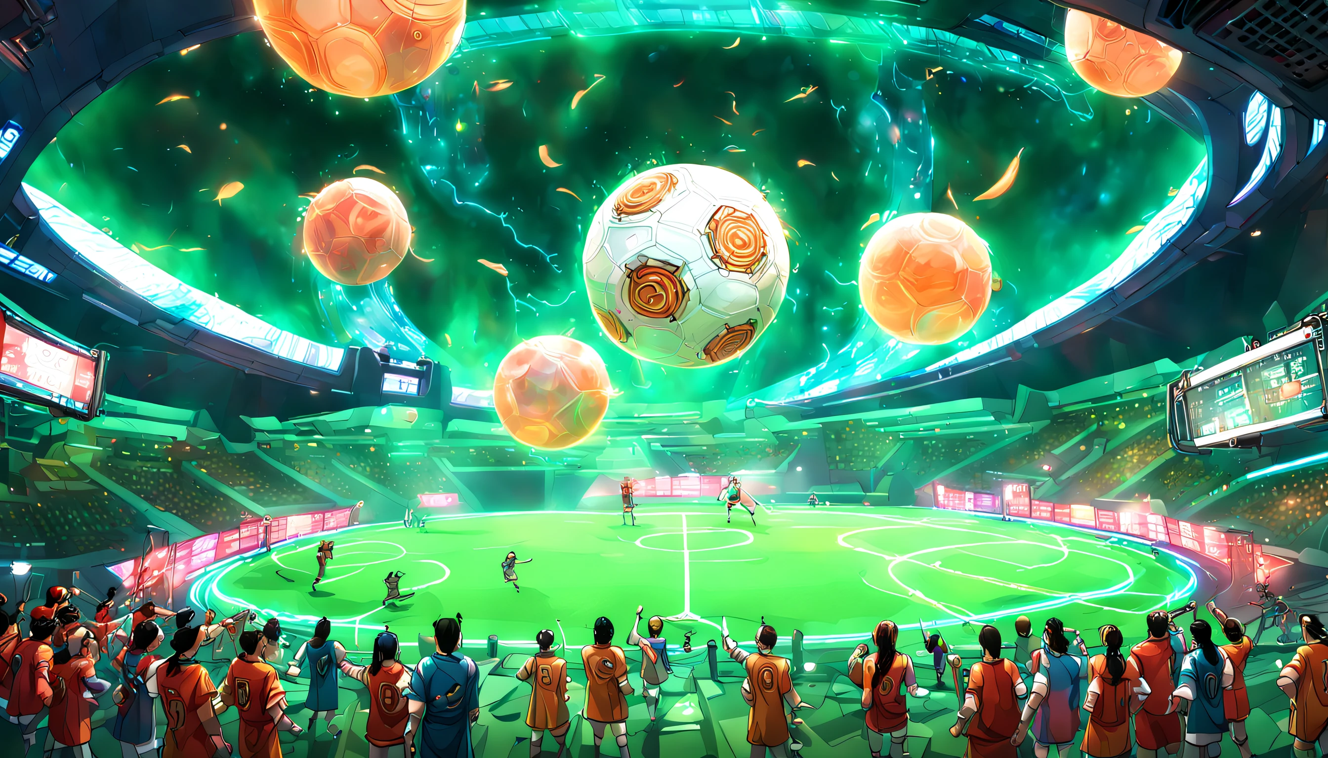 The scene takes place in a lush, vibrant landscape, where the combination of ancient and futuristic elements creates a unique, harmonious atmosphere. The colors used are rich and vivid, allowing the viewer to fully immerse themselves in this fascinating world. In the foreground, a group of skilled, diverse athletes from various time periods come together to engage in a thrilling game of cuju, an ancient Chinese soccer-like sport. They're dressed in a combination of traditional ancient Chinese clothing and futuristic sports gear, showcasing the best of both worlds. The game takes place on a high-tech, green, sustainable field with floating energy recharge platforms, interactive scoreboards, and advanced training equipment providing players with real-time feedback. The spectators are a blend of ancient and futuristic individuals, cheering the players on and celebrating the fusion of different eras. The final touch is a sky filled with celestial bodies, both familiar and fantastical, embodying the dreamlike quality of this ancient-future realm.