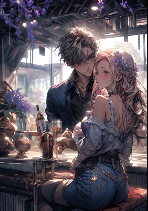 ((absurdres, higher, ultra HD)) 1 male, 1 female,mature, kissing each other, girl is sit on the wash basin, guy is front of her slightly bend towards her, man is shirtless, wearing blue jeans ,woman wearing beautiful pink dress, wisteria flower around them...