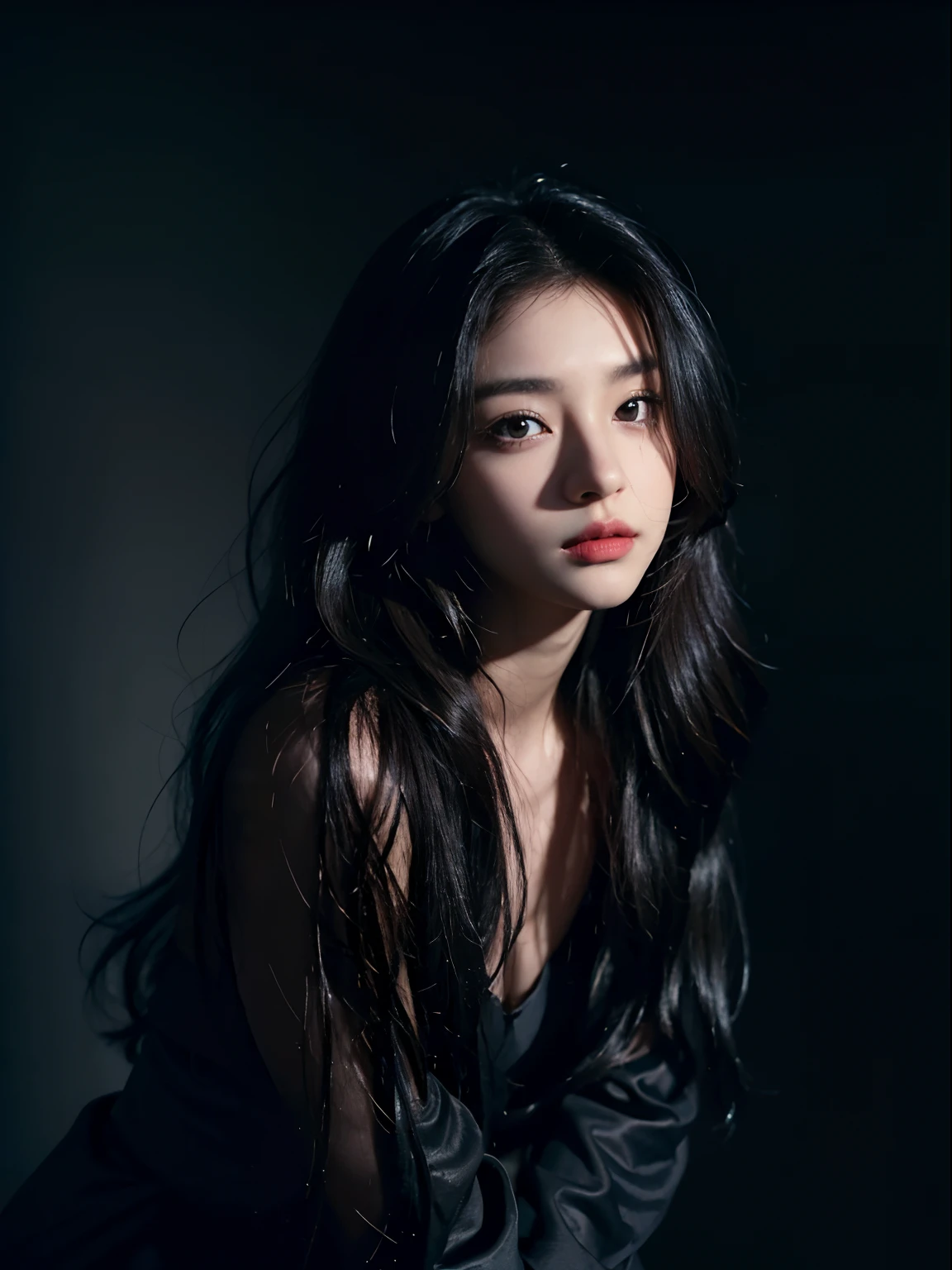 1girll, 175cm,Korean K-pop idol and model ,23 years old,Soft body, Jet black hair, Wavy hair,Whole body, Hair grows to the waist, Whole body,((Head to leg)),Close-up, 8K, RAW photo, Best quality, Masterpiece,Realistic, photo-realistic,Cute(Front focus), (In the dark:1.6), Surrealistic Female Portraits by David Hockney and Alphonse Mucha, Fantasy art, photograph realistic, Dynamic lighting, art  stations, poster for, voluminetric lighting, Very detailed faces, 4 k'', Award-Awarded, 1girll, In the dark, deepshadow, low tune, Cowboy shot, (official outfit:1.4), Long hair