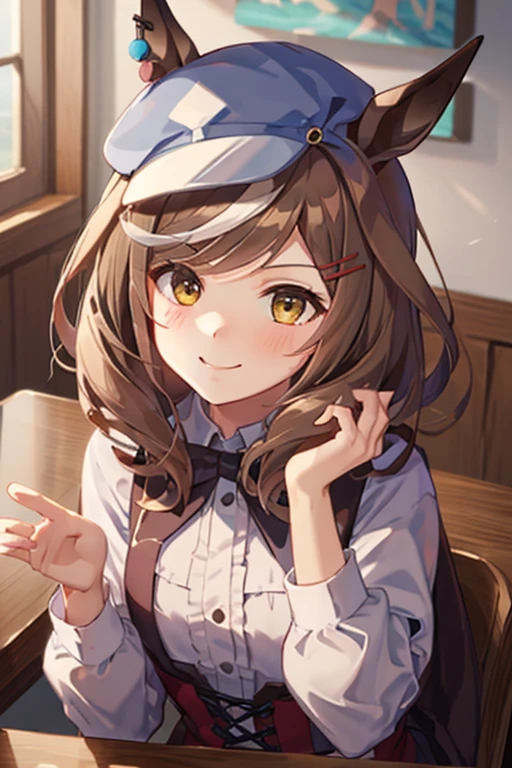 (masutepiece.top-quality).1 girl in.brown haired.short-cut.Yellow eyes.Horse-eared girl.Brown horse tail.a small hat in one ear,,,.(Hands up, Elbows on the table, face palm).Onegirl.(A smile:1.2)