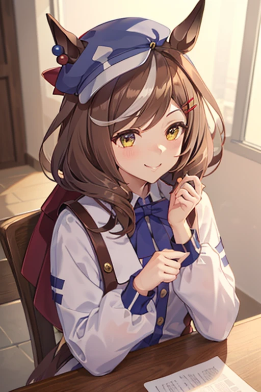 (masutepiece.top-quality).1 girl in.brown haired.short-cut.Yellow eyes.Horse-eared girl.Brown horse tail.a small hat in one ear,,,.(Hands up, Elbows on the table, face palm).Onegirl.(A smile:1.2)