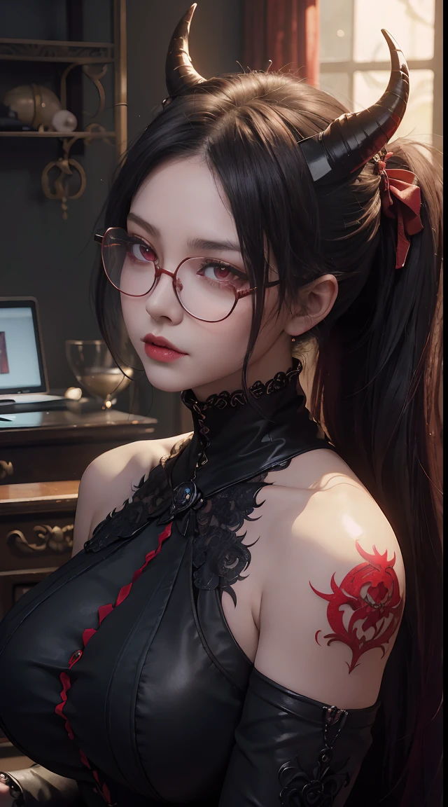 Fine、(The best illustrations)、8k UHD resolution、intricate-detail、top-quality、realisitic、ultra-detailliert、The best lighting、Best Shadows、Soft lighting、Ulutra HD、Ultra-realistic、Tindall Effect、Photorealsitic、(High Detail Skins:1.2)、 (Intricate details, makeup, pureerosface_v1:0.5), (Detailed beautiful delicate face, Detailed beautiful delicate eyes, A perfectly proportioned face, High detailed skin, Detailed skin, best ratio four finger and one thumb, arms below breasts, Tattoo with a red glow under the stomach、Awesome awesome, wide hips, smooth midriff, skiny and thin, __Fashion__, __hair__:1.25)、Digital SLR、 absurderes、1 beautiful devil woman from hell, surreal female portraits by David Hockney and Alphonse Mucha, Portrait of a seductive woman、Fantasy Art, Chinese Doll、Chinese actress、Dungeon、The dragon、Devil's Palace、Devil's Torture Chamber、natta、Dark style 、In the Dark、(Detailed spooky backgrounds:0.8), magia、 女の子1人、Evil Nun、Dark Necromancer、Succubus、Devil's Daughter、Umi Shinonome、Bat Wings，(((Demon Horns)))、 ((((Huge glasses, Otaku Glasses, thick glasses, Round glasses)))),(((Colossal tits)))、(Devil's Tail)、(red eyes glowing:1.6)、red eyes make up very sharp and detailed, The eyes are very well made up, ((Red Eye:1.0)),intricate tattoos, demonic intricate tattoos, thigh tattoos, body tattoos, ​masterpiece、The most beautiful face、a baby face、Charming smile、plump beautiful red lipuscular seductive body、The enchanting body of the devil、devil style、Seductive Black Magic Costume、The long-haired、Braids、Black hair、Ponytail distortion、, Ponytail with a bow tied at the back of the hair, Beautiful expression、Body Up、Large breasts emphasis、Bust,  Super tight breasts, Breast augmentation surgery, The breasts are very big and round and round,Toned waist、Wide buttocks、 lowkey, cowboy lens, (Black Phoenix Dress: 1.0),  devil crown,  Red sparkling gemstone necklace、Jewelry Gwise,  wearing black mesh socks,Wear light red、nffsw, nffsw, Meet beautiful girls, Look at the girl's body,
