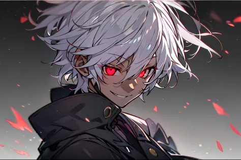 hight resolution,close range、Anime boy with white hair and red eyes staring at camera, Glowing red eyes,slim, dressed in a black...