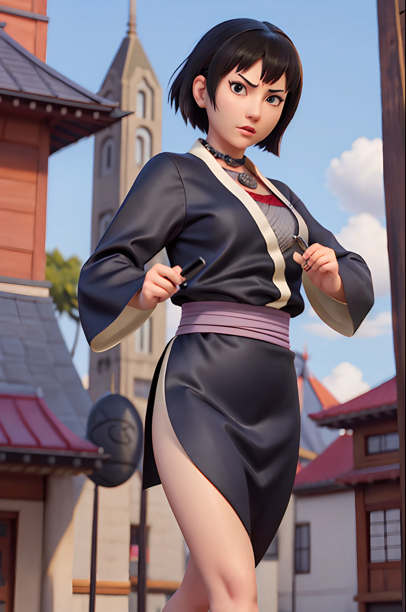 (hyper realstic)、Modern kunoichi、(Female Ninja of the 21st Century)､Beautie　　high-level image quality　hight resolution　Realistic　Shorthair､Woman with dark hair、A MILF、Middle-aged woman、Big big、Detailed red-black 、detailed skin textures、超A high resolution、Realistic、Voluptuous body shape、angry looking face、Middle-aged beauty、Beautiful expression、With detailed red-black areola 、detailed brown eyes、long fluffy hair、Kamimei、Very delicate and detailed skin texture、 35 years old、{(heliport)There is a(Being on the roof of a skyscraper)}、Modern kunoichi、Large cleavage、Large open neckline、bright red lips､{Simple gunmetal(Ninja kimono)The costume}、ear ornament、Silver collar and necklace、I have a small knife、