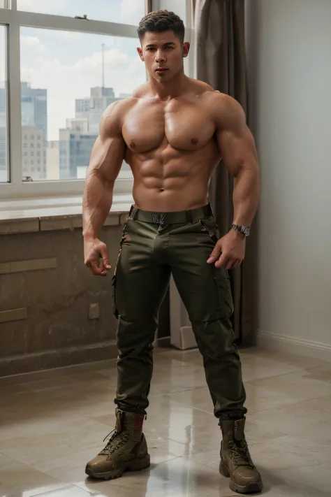 nick jonas alpha chad masculine muscled soldier army military flexing shirtless boots big chest big biceps underwear jockstrap gay sexy masterpiece big bulge in view shoes in view full body shot no crop