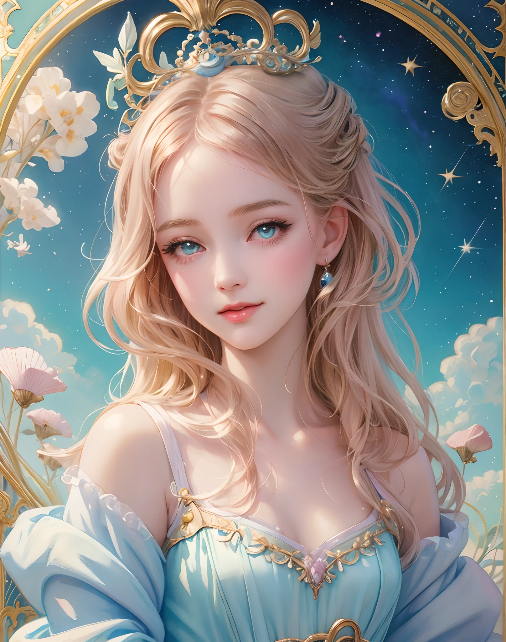 Princess girl with wing, Blue, Pastel, glitter, dramatic, dreamy, pastel, Watercolor, Whimsical, Delicate, seashell crown, Trending on Artstation, Highly detailed, Intricate, Portrait, digital painting, Fantasy theme, Fantasy robes, Fantasy concept art, Fantasy character art, Smug, Teenage girl, perfect body, full body, dreamy, pastel, Watercolor, Whimsical, Delicate, seashell crown, art by loish and lois van baarle, Trending on Artstation, Highly detailed, Intricate, Portrait, digital painting, (Cinematic Photo:1.3) of (Realistic:1.3),(Amusing:1.3) chibi, constellation, (1girl, solo:1.2), (chibi:1.3), eyeliner, eyelashes, looking at viewer, (shiny skin:0.16), (pale skin:0.33), (body blush:0.38), eyes beautiful, anime, realistic, masterpiece, best quality, movie still, cloud girl, floating in the sky, (close-up:1.1), bright, happy, fun, soft lighting,Highly Detailed,(Art Nouveau:1.3),(Baroque Art:1.3),(80s Art:1.3),naturalism,land Art,regionalism,shutterstock contest winner,trending on unsplash,featured on Flickr