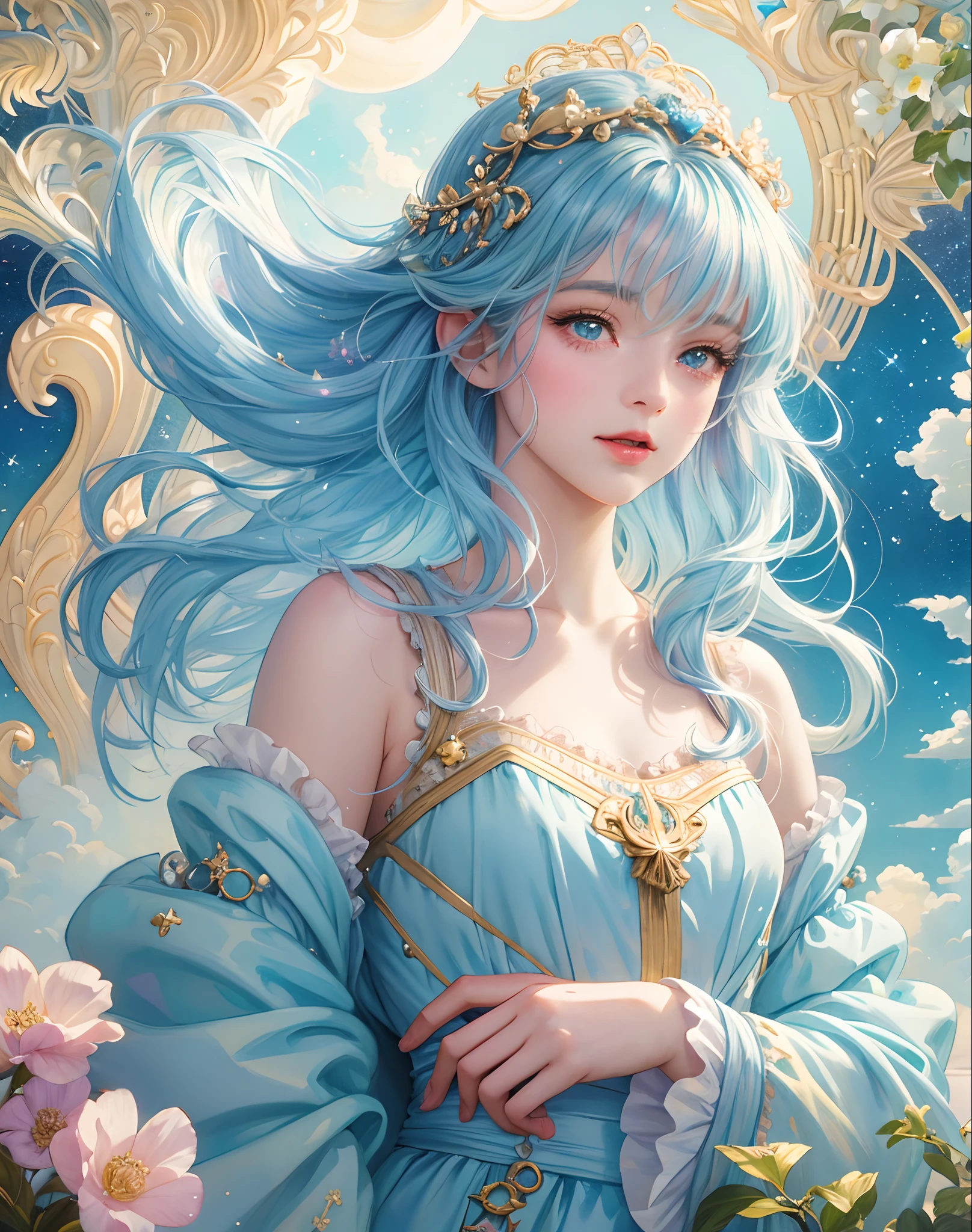 Princess girl with wing, Blue, Pastel, glitter, dramatic, dreamy, pastel, Watercolor, Whimsical, Delicate, seashell crown, Trending on Artstation, Highly detailed, Intricate, Portrait, digital painting, Fantasy theme, Fantasy robes, Fantasy concept art, Fantasy character art, Smug, Teenage girl, perfect body, full body, dreamy, pastel, Watercolor, Whimsical, Delicate, seashell crown, art by loish and lois van baarle, Trending on Artstation, Highly detailed, Intricate, Portrait, digital painting, (Cinematic Photo:1.3) of (Realistic:1.3),(Amusing:1.3) chibi, constellation, (1girl, solo:1.2), (chibi:1.3), eyeliner, eyelashes, looking at viewer, (shiny skin:0.16), (pale skin:0.33), (body blush:0.38), eyes beautiful, anime, realistic, masterpiece, best quality, movie still, cloud girl, floating in the sky, (close-up:1.1), bright, happy, fun, soft lighting,Highly Detailed,(Art Nouveau:1.3),(Baroque Art:1.3),(80s Art:1.3),naturalism,land Art,regionalism,shutterstock contest winner,trending on unsplash,featured on Flickr