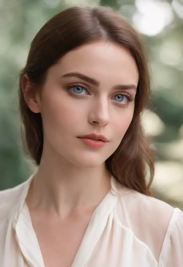 a woman poses in a white blouse with big blue eyes, in the style of precisionist, eva rothschild, sun-kissed palettes, light amber, detailed facial features, vanessa beecroft, candid celebrity shots --ar 85:128