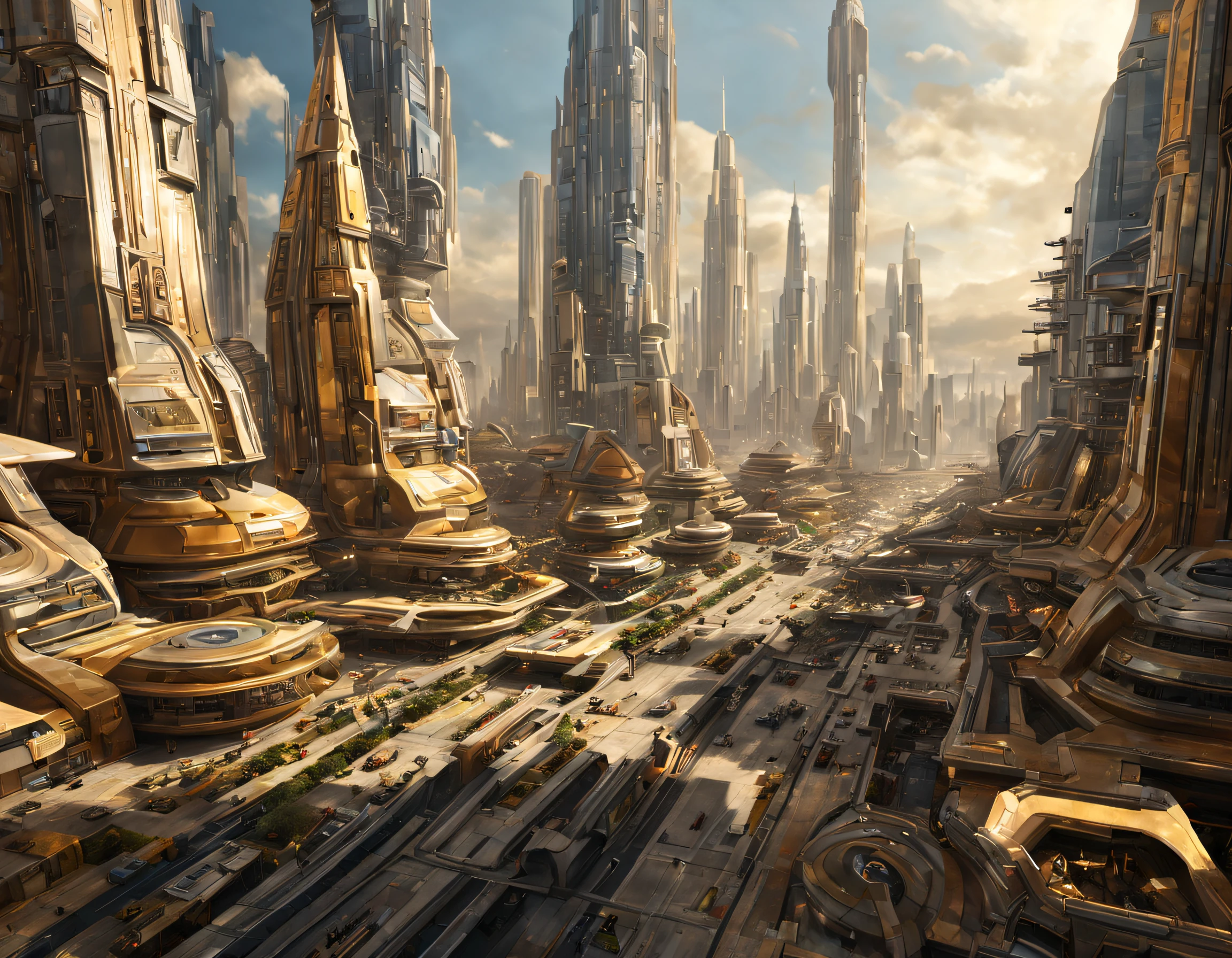 A cidade de Coruscant de Star Wars projetada por Doug Chiang, cidade de fantasia futurista com imensos edifícios de design tecnológico (que formam uma avenida infinita), Edifícios compactadores não desfocados, com estruturas envidraçadas em prata, espetacular ouro e bronze, (Com cores brilhantes). pavimento ensolado (aborrecido). pessoas andando. imagem bem definida com muitos edifícios juntos. imagem nítida e bem definida de 8k. os edifícios alcançam o fundo.,8k. imagen cinematografica. atmosfera ensolarada amarelo-laranja. (detalhes intrincados da máquina).