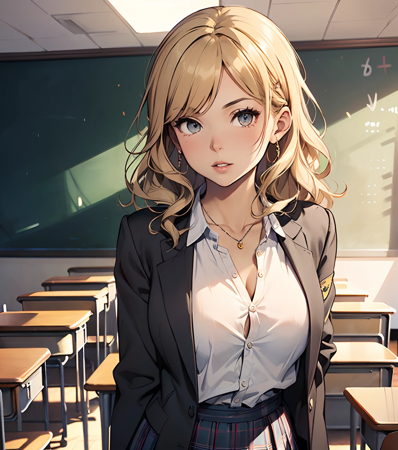 sexy:1.3,
(anatomically correct),(best quality),(masterpiece),skin texture,
light tanned skin,solo,woman,(wavy hair,blonde),(medium breasts),
(school uniform:1.5),(black-Blazer),(school uniform plaid skirt),(School Uniform Shirts),
open clothes,
(sots style),